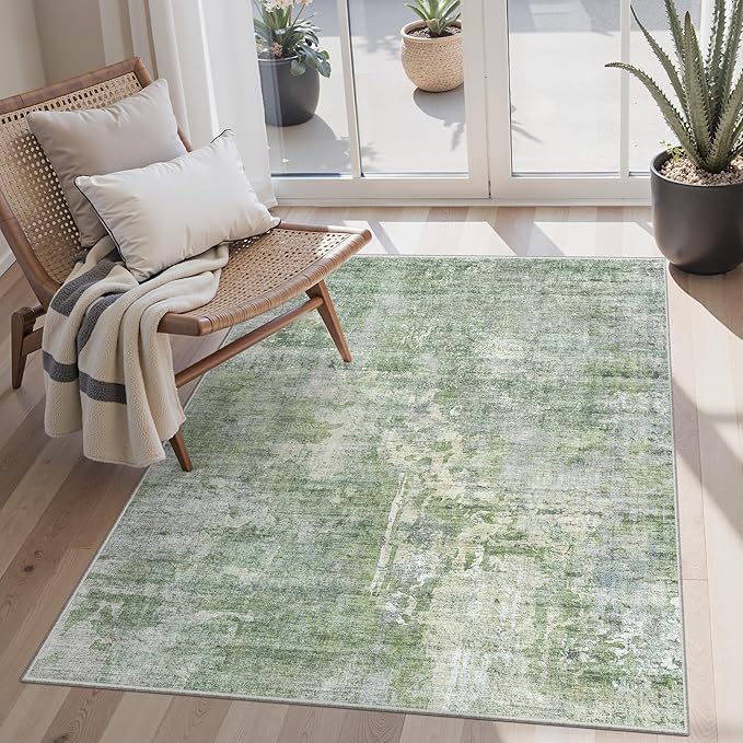 Area Rugs 4x6 for Living Room, Vintage Washable Rugs for Dining Room, Kitchen, Non-Slip Area Rug Green Ivory
