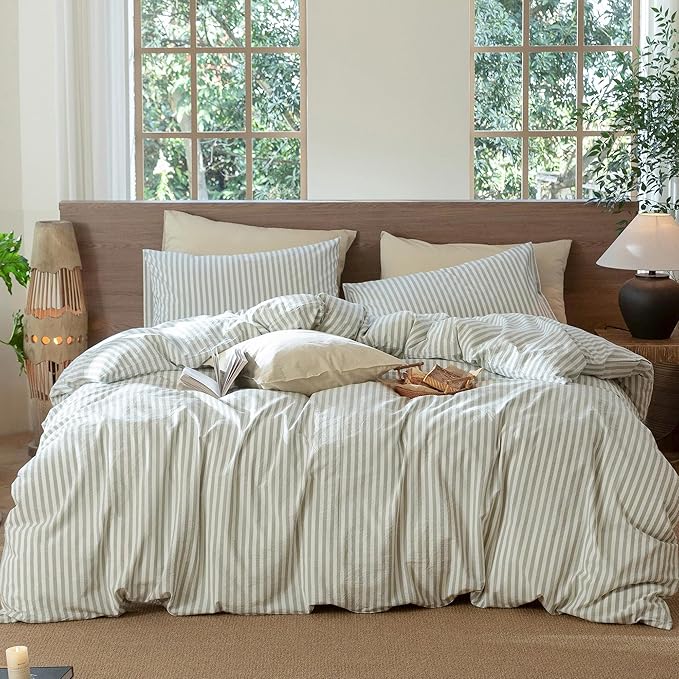 MooMee Striped Duvet Cover Set 100% Washed Cotton Linen Like Textured Breathable Durable Soft Comfy (Sage Green White Classic Stripes, Oversized Queen 98"x98")