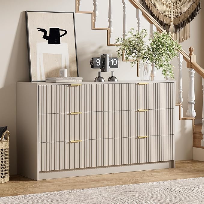 Beige Dresser for Bedroom, Modern Dresser with 6 Drawers and Smooth Slides, Wide Chest of Drawers with Golden Handles for Bedroom, Living Room, Closet, 15.7" D x 55.1" W x 31.4" H