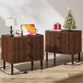 Night Stand Set of 2 with Charging Station, 24" Large Fluted Nightstand with Rounded Corners & Solid Wood Legs, 2 Drawers Mid Century Modern Bedside Table for Bedroom, Walnut