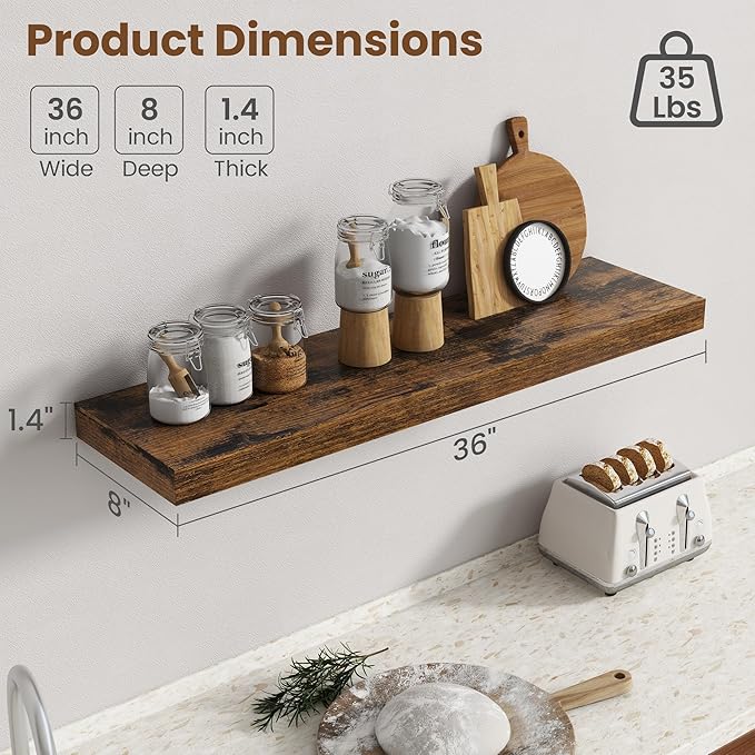 36 Inch Floating Shelves for Wall, 8 Inch Deep Floating Shelf for Storage & Display, Wall Mounted Shelf with Invisible Brackets for Living Room, Kitchen, Bathroom, Home Decor, Set of 2, Rustic Brown