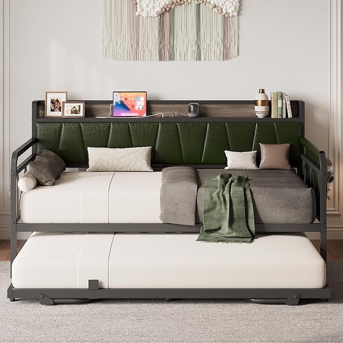 LIKIMIO Daybed with Trundle Bed, Twin XL Bed Frame with Storage Headboard and Charging Station, Sofa Day Bed with Strong Supports for Living Room, Bedroom, and Guest Room, Green