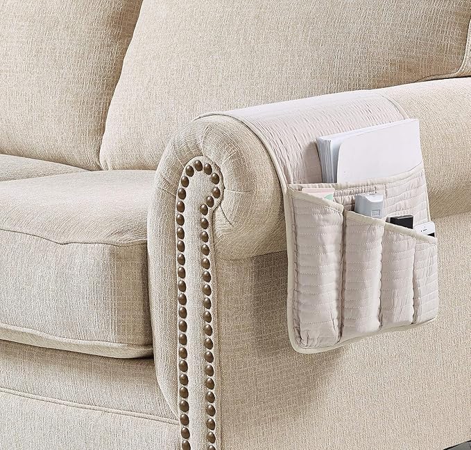 Brilliant Sunshine Premium Beige Sofa Armrest 5 Pockets Organizer, Couch Recliner Chair Caddy, 1/2" Channel Quilted, Washable Remote Controls Holder, Storage for Magazine, Tablet, 35×13", Light Beige
