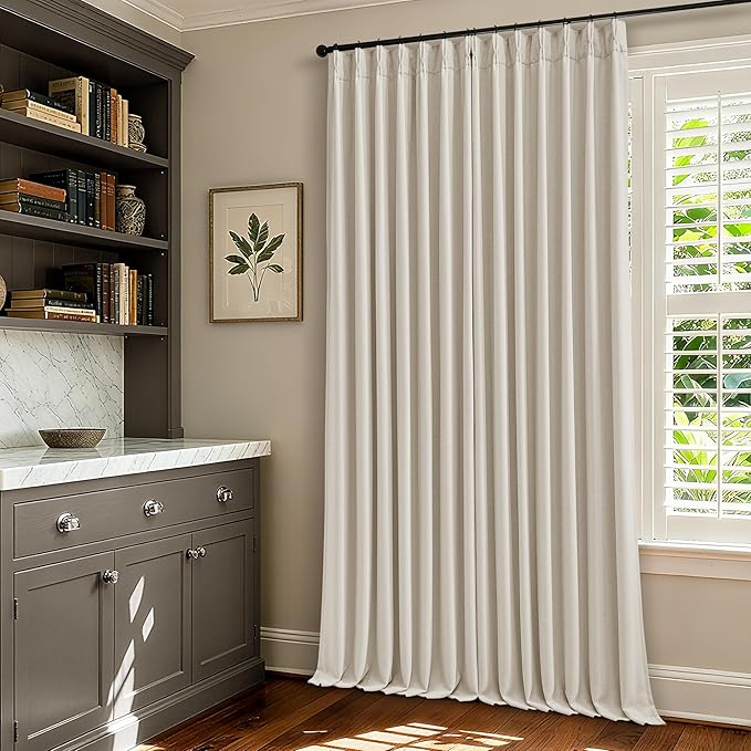 105 Inch Blackout Linen Curtains Pinch Pleat for Bedroom Living Room Darkening Neutral Pleated 100% Black Out Thermal Insulated Window Drapes Double Layer Soundproof Curtains 2 Panels Ivory Natural
