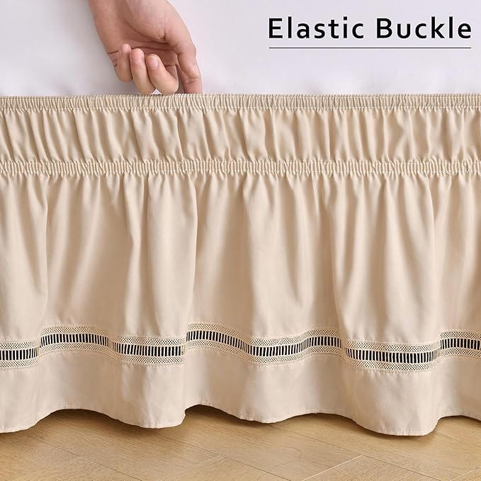 MIYE Wrap Around Ruffled Lace Bed Skirt, Elastic Dust Ruffle with Adjustable Belts, Easy to Put On, Bed Frame Cover, Machine Washable (Ruffled Lace/Beige, Full/Twin-15 Drop)