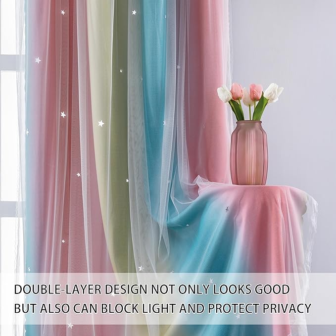 XiDi Dream Star Blackout Curtains for Kids Rooms Girl Princess Curtain for Daughter Bedroom Window (Pink Blue, W34 X L72)