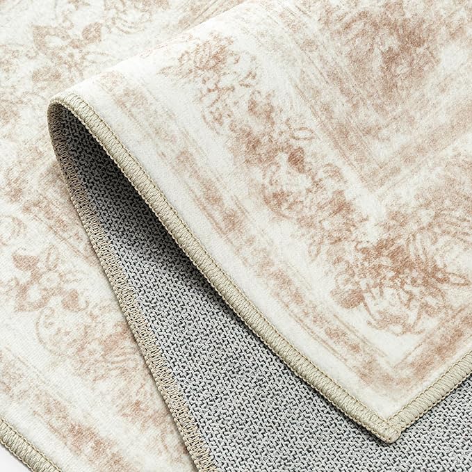 Area Rug 10x14 Cream Washable Living Room Beige Carpet Non Slip Vintage Medallion Indoor Bedroom Beige Carpet Low Pile Soft Retro Distressed Large Rug Home Office Dining Room Playroom