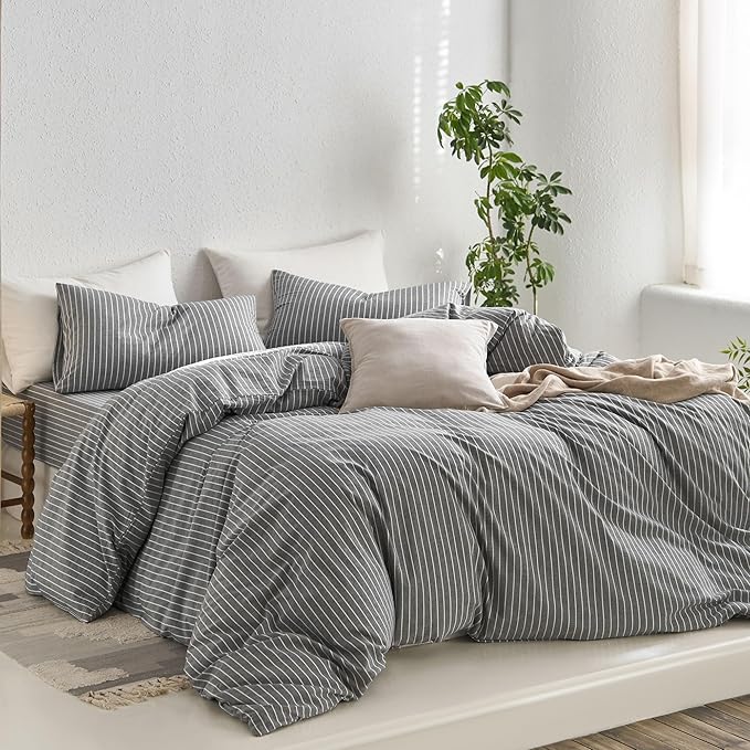 MooMee Striped Duvet Cover Set 100% Washed Cotton Linen Like Textured Breathable Durable Soft Comfy (Dark Grey White Wide Stripes, King 104"x90")