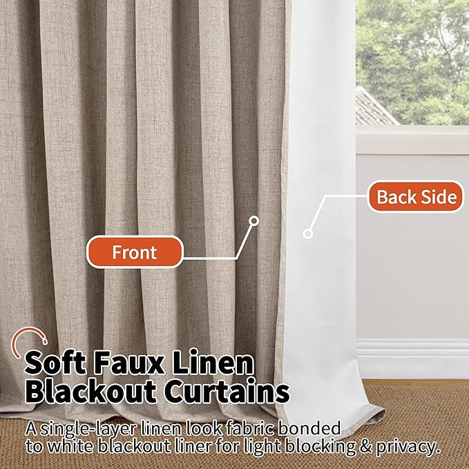 Linen Blackout Curtains for Bedroom Narrow Window, Thermal Insulated Complete Light Blocking Privacy Soundproof Small Curtains for Basement, Each 38 Inch Wide 63 Inch Length 2 Panels, Beige