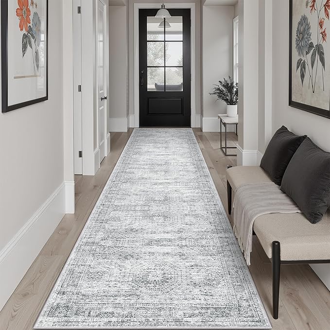 Runner Rug 2'6" x 10' Washable Non-Slip Runner Rugs for Kitchen Bathroom Laundry Room Vintage Ultra Thin Runners for Hallway Entryway Grey
