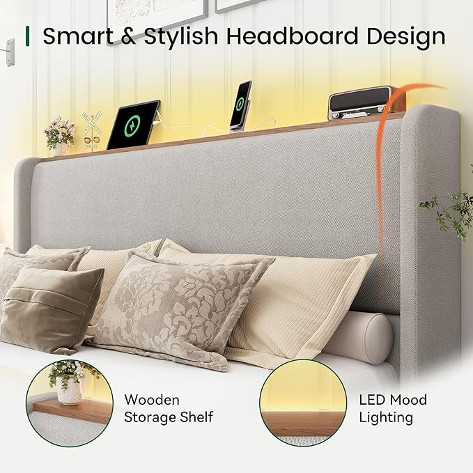 LARMACE King Size Bed Frame with LED Lights and Charging Station Linen Upholstered Platform Bed Frame with 51.2" Tall Wingback Headboard and Storage Shelf, No Box Spring Needed, Easy Assembly, Grey