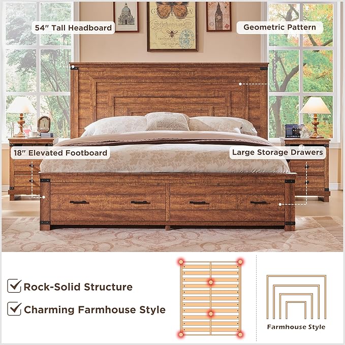 T4TREAM Farmhouse Queen Size Bed Frame with 54" Tall Geometric Headboard & 2 Large Storage Drawers, Rustic Wood Platform Bed with Wood Slats Support, No Box Spring Needed, Reclaimed Barnwood