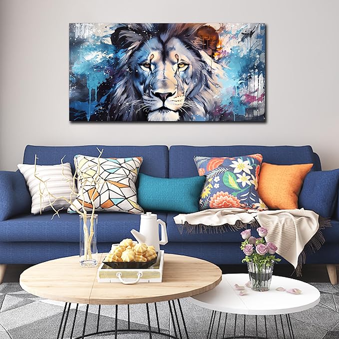 ENTANUB Lion Canvas Wall Art for Living Room, Blue Print Painting for Bedroom, Animal Picture Decor, Large Size 48x24 Inches