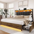 LARMACE Queen Size Bed Frame with 4 Storage Drawers and Bookcase Headboard, Faux Leather Upholstered, Wooden Platform Bed Frame with Charging Station and LED Lights, No Box Spring Needed, Brown