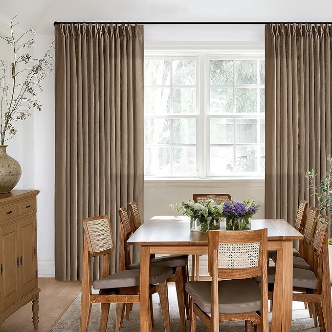 Brown Pinch Pleated Linen Curtains 84 Inches Long 2 Panels Set for Living Room Dining Pinch Pleat Back Tab Light Filtering Boho Farmhouse Bedroom Window Curtain Drapes 84 Inch Length Dutch Cocoa