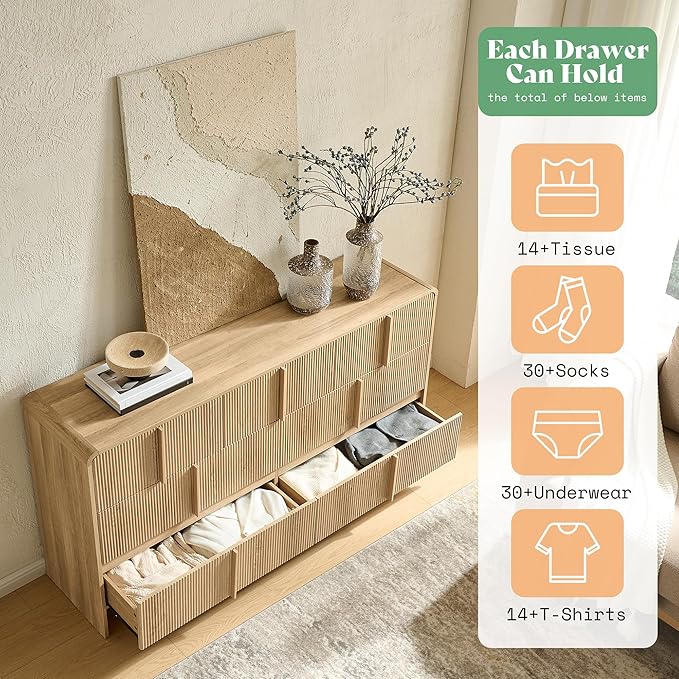 AMERLIFE 63" Fluted 7 Drawer Dresser, Wide Modern Chest of Storage Drawers with Pine Handles, Rounded Corners & Anti-Tip Design, Wood Closet Organizer for Bedroom, Living Room, Natural Oak