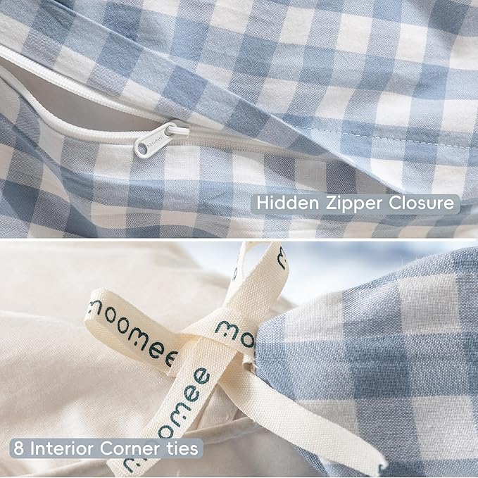 MooMee Gingham Duvet Cover Set 100% Washed Cotton Linen Like Textured Breathable Durable Soft Comfy Modern Checkered Design (Classic Gingham Cornflower Blue, Cal King 104"x98")
