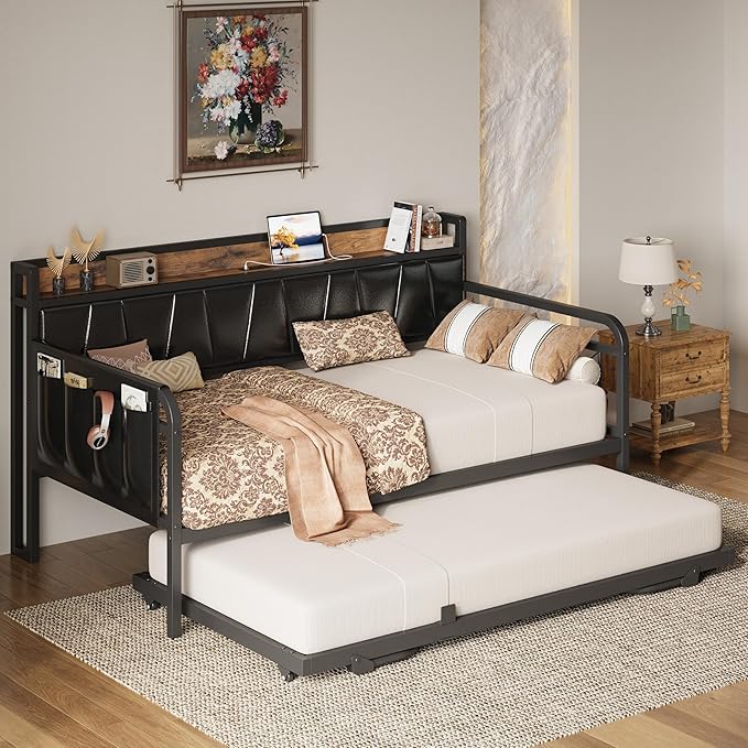 LIKIMIO Daybed with Trundle Bed, Twin XL Bed Frame with Storage Headboard and Charging Station, Sofa Day Bed with Strong Supports for Living Room, Bedroom, and Guest Room, Black