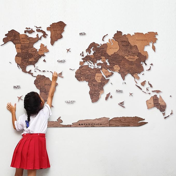 Handmade 3D Wood World Map Wall Art Large Wall Decor Track Your World Travels - Special for Home, Kitchen and Office (Medium, Oak)