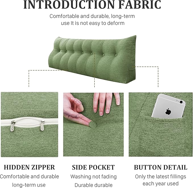 homecozy Wedge Headboard Pillow Dorm Room Reading Pillow Back Support for Sitting Up in Bed Bolster Lumbar Cushion Body Positioning Bedrest Cotton Linen 76in Grass Green King