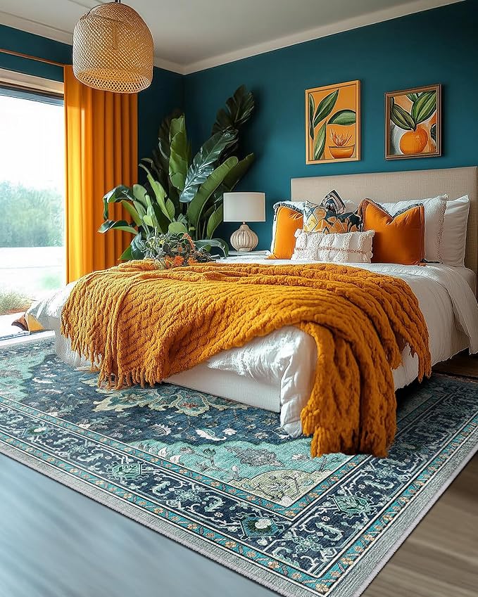 Area Rugs Square 8ft Washable Non-Slip, Floral Vintage Distress Print Pattern Medallion Carpet for Living Room Bedroom Dining Room, Teal Green Lake Blue Turquoise