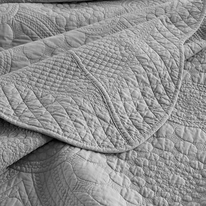 MarCielo 3-Piece 100% Cotton Oversized Bedspread Lightweight Quilt Coverlet Embroidery Farmhouse Bedding Set (Tf Light Grey, Oversized King (118"x106"))