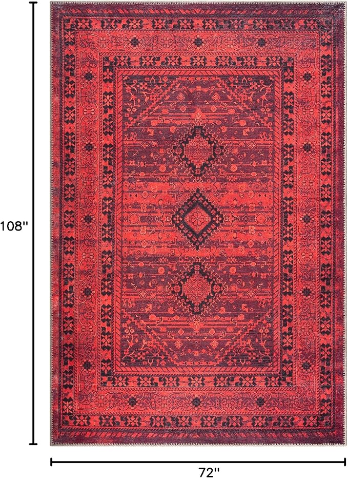 Bloom Rugs Washable Non-Slip 6' x 9' Rug - Red Traditional Bordered Area Rug for Living Room, Bedroom, Dining Room, and Kitchen - Exact Size: 6' x 9'