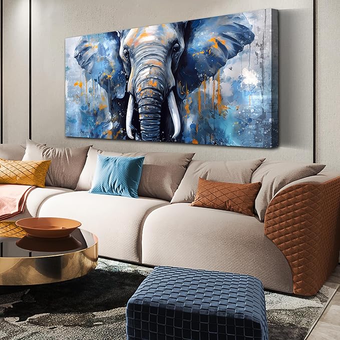 ENTANUB Elephant Wall Art for Living Room, Animal Canvas Print Painting for Bedroom, Blue Picture Decor, Size 59 x 29 Inches