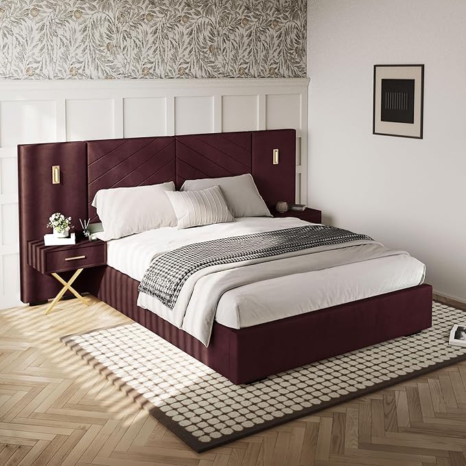 DEINPPA Luxury Queen Bed Frame with Built-in Gold LED Lights and Nightstands, Queen Size Platform Bed with Oversize Upholstered Headboard, No Box Spring Needed-Burgundy