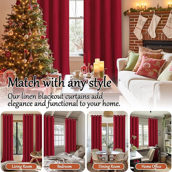 Linen Blackout Christmas Curtains - Red Thermal Insulated Curtains 90 Inch Long for Bedroom Living Room, Thick Heavy Light Blocking Energy Saving Soundproof Drapes Each 52x90 Inch 2 Panels