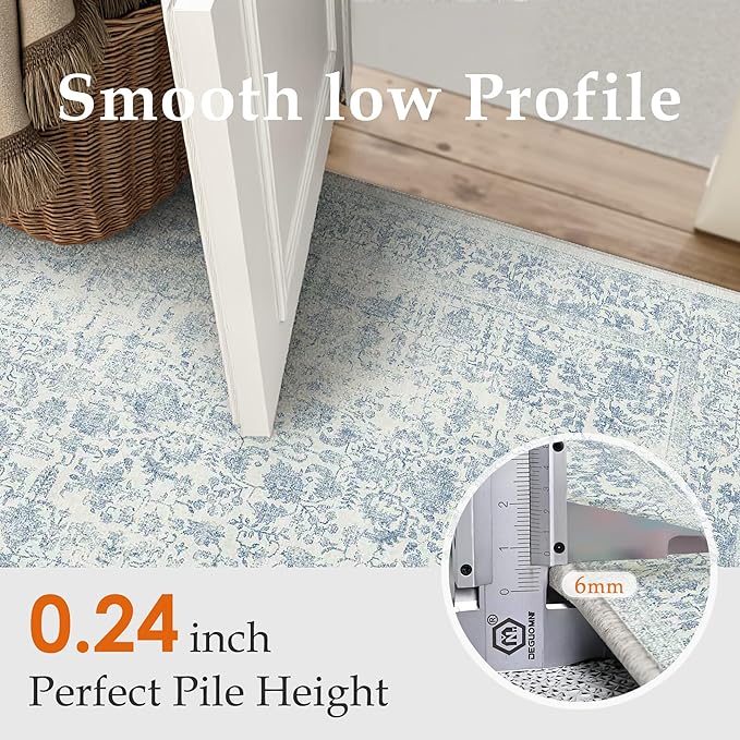 Blue Area Rug 4x5 Office Entryway Rug Machine Washable Kitchen Vintage Distressed Non Slip Carpet Indoor Retro Floral Accent Throw Door Mat for Bathroom Bedroom Dining Living Room