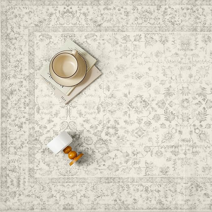 2x6 Grey Runner Rug Hallway Non Slip Kitchen Vintage Distressed Long Carpet Indoor Machine Washable Retro Floral Bedroom Accent Throw Rug for Office Laundry Bathroom Dining Living Room