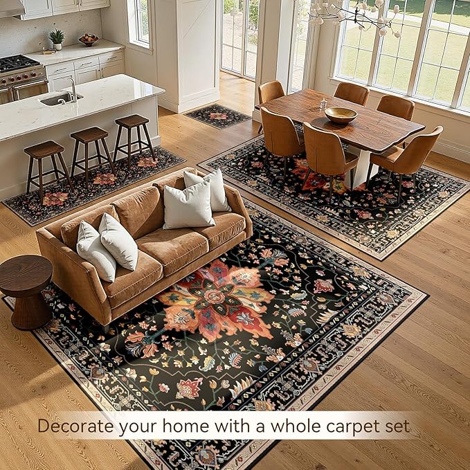 Area Rugs 5'x7' Washable Non-Slip, Floral Vintage Distress Print Pattern Medallion Carpet for Living Room Bedroom Dining Room, Black Colorful Floral Dark Tan