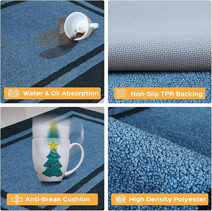 Kitchen Rugs 24" x 70", Non-Slip Machine Washable Kitchen Runner Rugs Floor Mats, Absorbent Comfort Standing Mats for Kitchen, Sink, Laundry and Hallway, Rolled Packaging, Light Blue & Navy