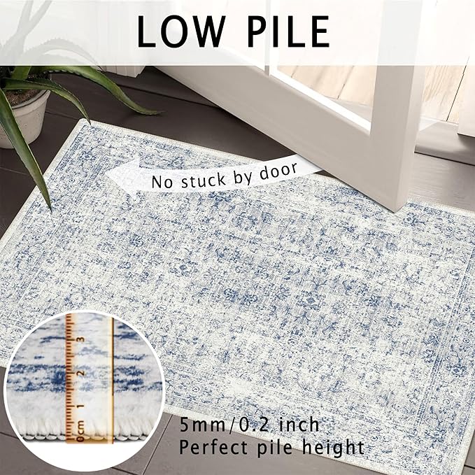 6x9 Area Rug, Ultra-Soft Washable Rug for Living Room, Dinner Room, Bedroom, Non-Slip Vintage Floral Rug, Indoor Carpet Large Area Rug, Blue