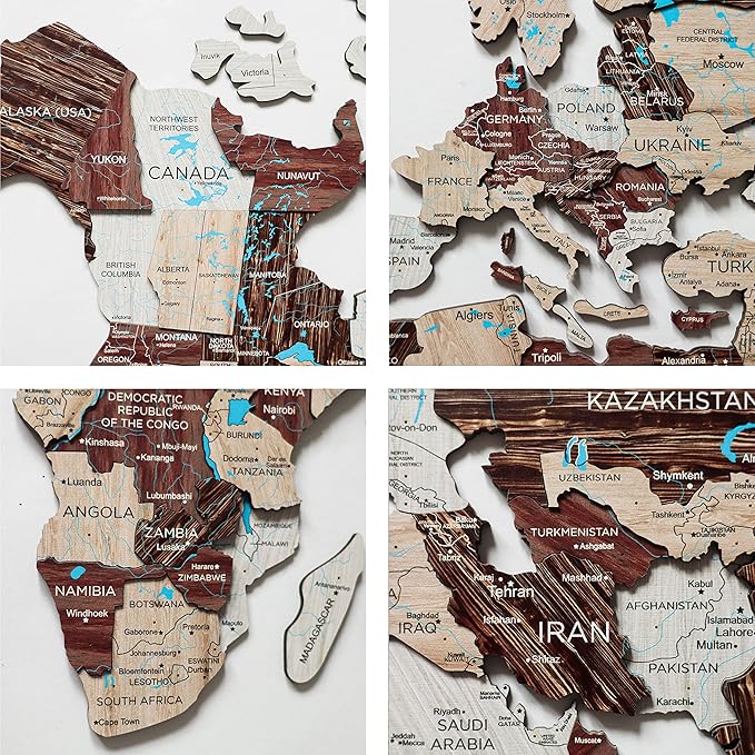 Handmade 3D Wood World Map Wall Art Large Wall Decor Track Your World Travels - Special for Home, Kitchen and Office (Medium, Cappuccino)