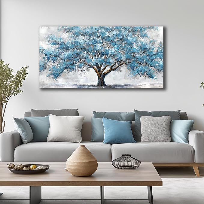 JuhaiArt Tree Wall Decor Teal Wall Art for Living Room Home Office White Canvas Art Large Artwork modern Prints 29" x 59"