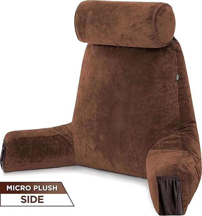 Husband Pillow Medium Aspen Edition Saddle Brown, Sit Up Reading & Bed Rest with Arms, Ultra-Comfy, Detach Neck Roll - Premium Shredded Memory Foam Backrest, Reverses to Micro: Suede or Plush