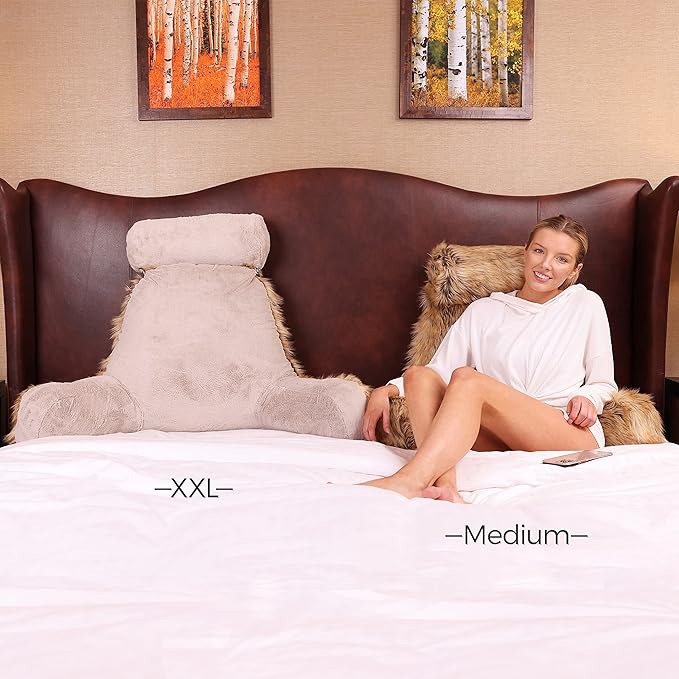 Husband Pillow XXL Ultra Rare Baby Amber Fox Fabulous Faux Fur Backrest, Two-Tone Reversible Double Sided Reading & Bed Rest Pillow with Arms & Neck Roll, Adjustable Memory Foam - Extremely Comfy