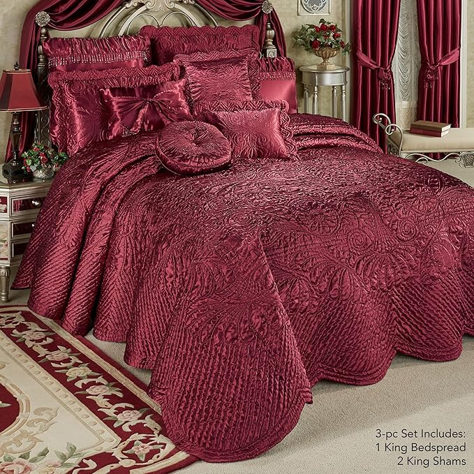 Touch of Class Portia Luxury Bedding | Rich Ruby Red | Premier Quilted Polyester Satin | Romantic Hand Guided Machine Quilted Scroll Design 3 Piece Set with King Bedspread and 2 King Shams