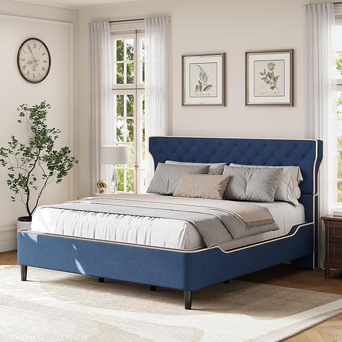 Christopher Knight Home Salus Linen Upholstered Queen Size Bed Frame with Headboard, Modern Queen Bed Frame and Headboard, Wooden Slats Support, Easy Assembly, No Box Spring Needed, Blue