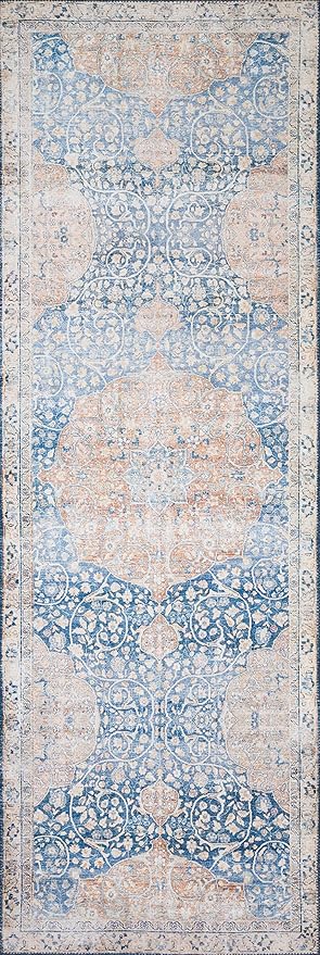 Loloi Layla Collection LAY-07 Blue/Tangerine 2'-6" x 12'-0" .13" Thick Runner Rug, Soft, Durable, Vintage Inspired, Distressed, Low Pile, Non-Shedding, Easy Clean, Printed, Living Room Rug