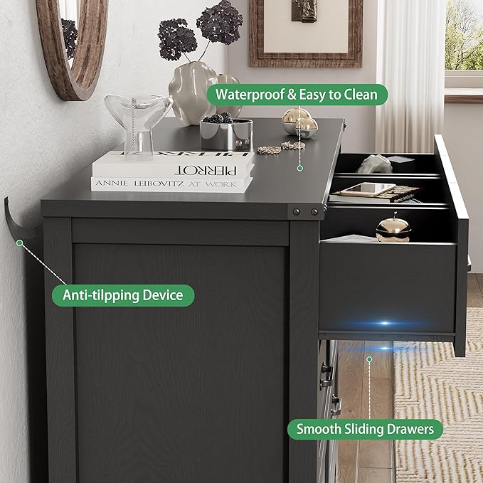 Dresser for Bedroom with 9 Drawers, 63" Wide Wood Chest of Drawers with Deep Drawers & Mental Handle, Modern Dresser TV Stand, Wooden Closet Storage Organizer for Living Room, Hallway, Entryway, Black