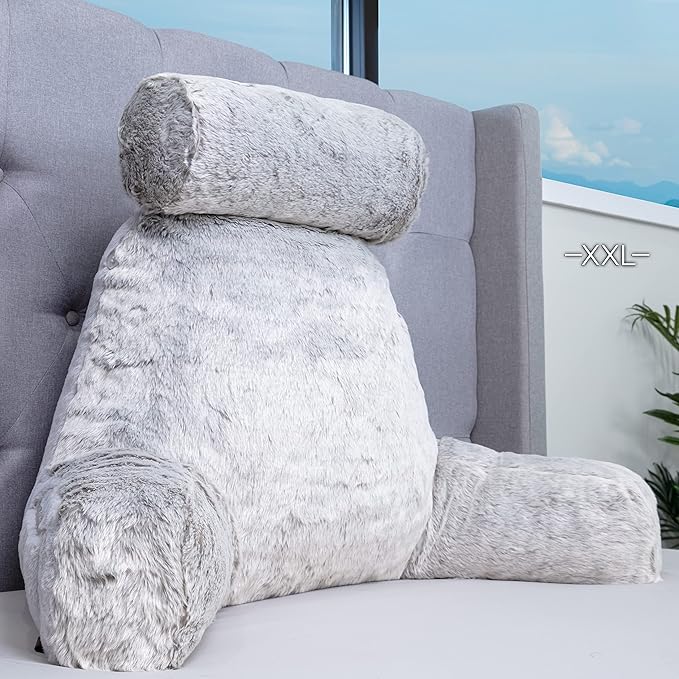 Husband Pillow XXL Rare Baby Arctic Grey Wolf Backrest, Two-Tone Reversible Double Sided Fabulous Faux Fur Reading & Bed Rest Pillow with Arms & Neck Roll, Adjustable Memory Foam - Extremely Comfy
