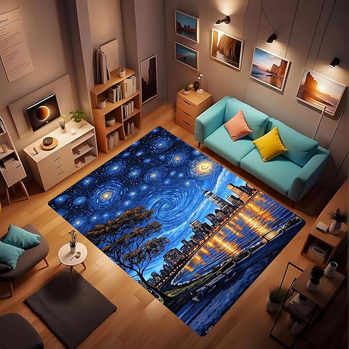 Machine Washable 5' x 8' Oil Painting-Style Area Rug, Bule Floor mat, Suitable for bedrooms, Girls' Room Bedside, Living Room, Dining Room, Office, Non-Slip Low-Pile Stars and Swirls Carpet