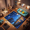 Machine Washable 5' x 8' Oil Painting-Style Area Rug, Bule Floor mat, Suitable for bedrooms, Girls' Room Bedside, Living Room, Dining Room, Office, Non-Slip Low-Pile Stars and Swirls Carpet