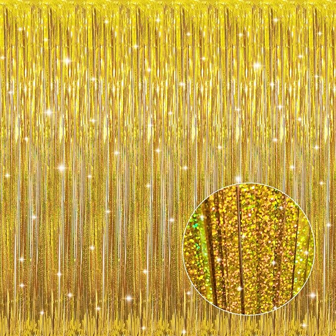GOER 3.2 ft x 8.2 ft Metallic Tinsel Foil Fringe Curtains Party Photo Backdrop Party Streamers for Birthday,Graduation,New Year Eve Decorations Wedding Decor (1 Pack,Laser Gold)