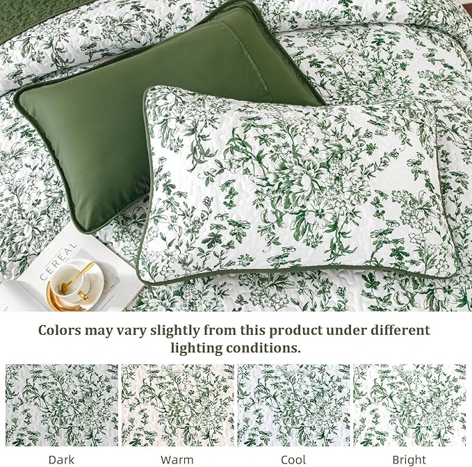 WONGS BEDDING Quilt Queen Size, Green Quilt Bedding Set with 2 Pillowcases, Botanical Quilts for Queen Bed, Soft Microfiber Lightweight Coverlet Bedspread for All Season (96"×90", 3 Pieces)