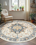 Area Rugs 6ft Washable Non-Slip, Floral Vintage Distress Print Pattern Medallion Carpet for Living Room Bedroom Dining Room, Beige Navy Blue Orange Colorful