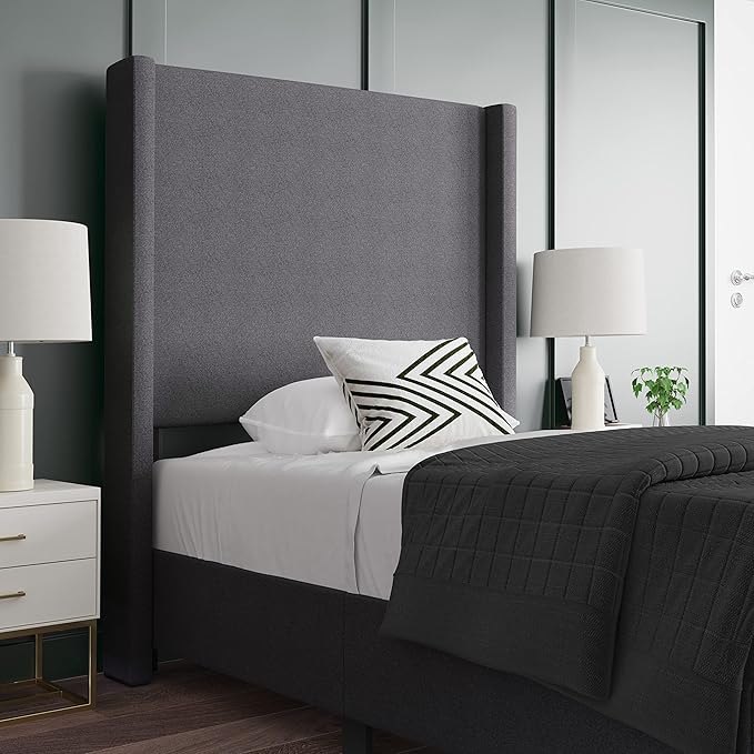 EMMA + OLIVER Nora Twin Size Faux Linen Upholstered Platform Bed with Plush Padded Wingback Headboard (No Box Spring Needed), Modern Upholstered Headboard Twin Bed Frame, Gray